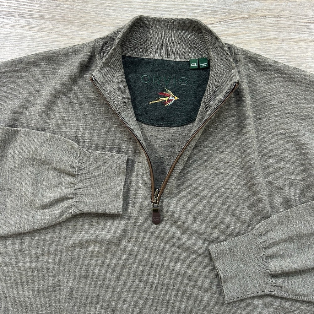Orvis Mens XXL Green Brown Merino Wool 1/4 Zip Mock Neck Pullover Lightweight
